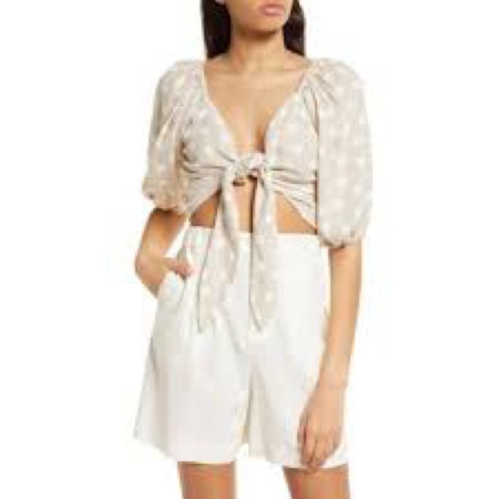 NWOT Vero Moda Tie Front Puff Sleeve Crop Top Silver Lining W/ White Dot Large